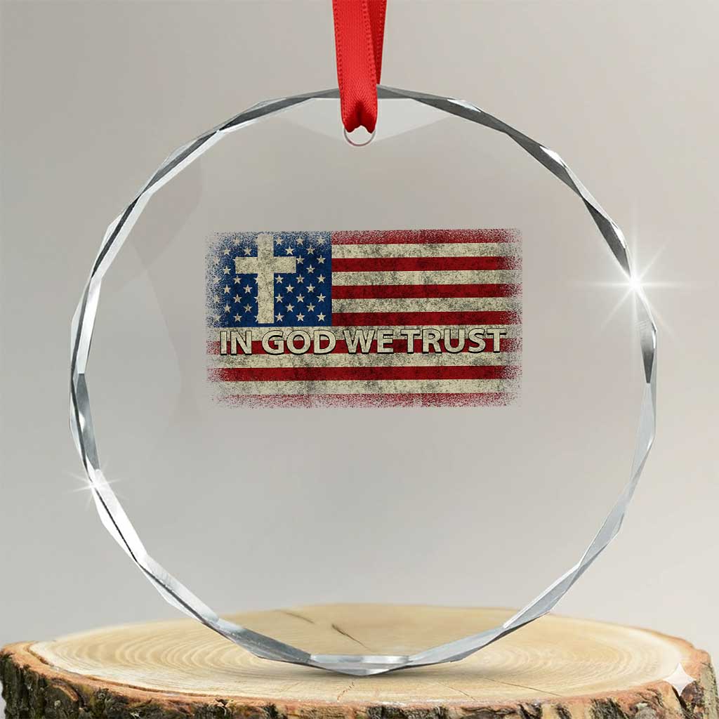 In God We Trust Christian US Flag Crystal Glass Ornament