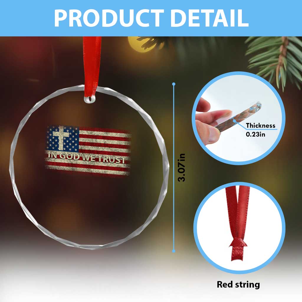 In God We Trust Christian US Flag Crystal Glass Ornament