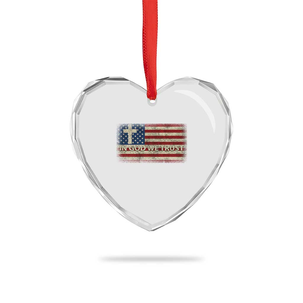 In God We Trust Christian US Flag Heart Crystal Glass Ornament