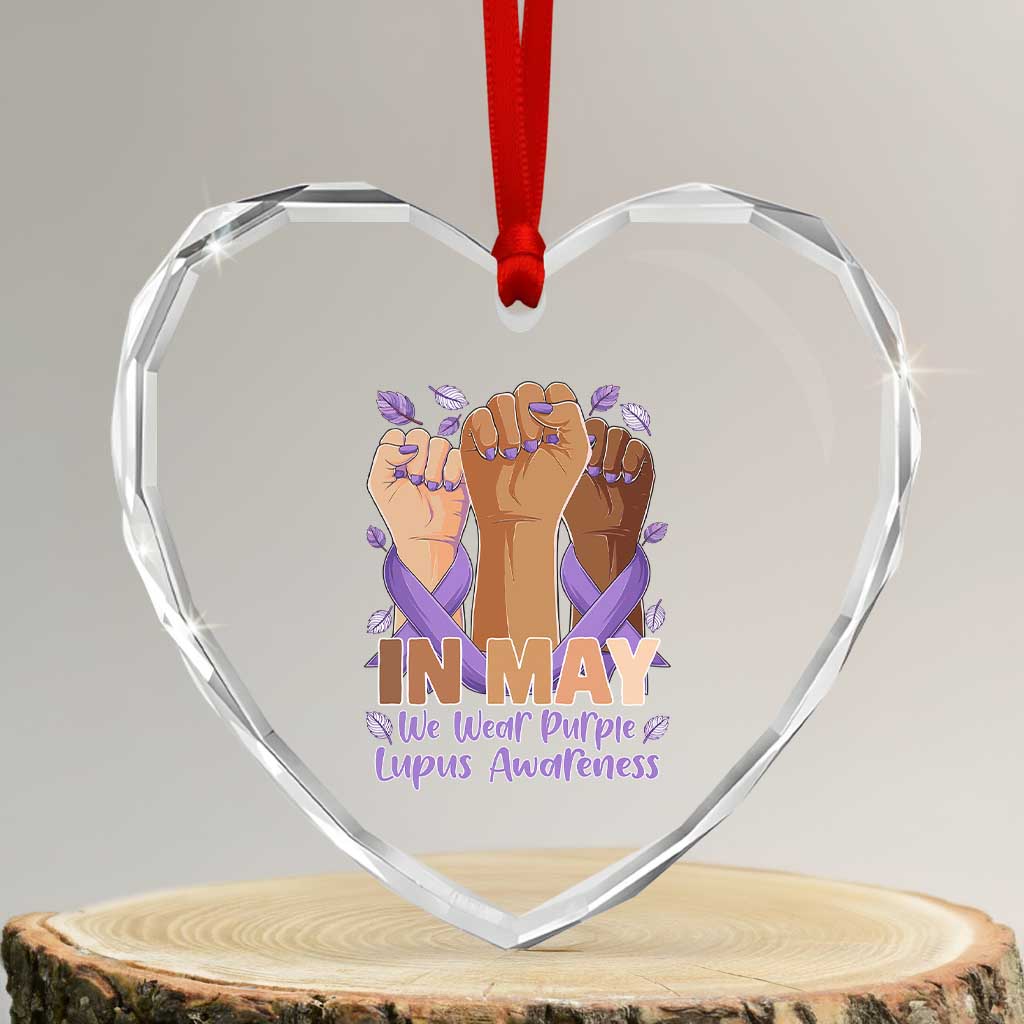 In May We Wear Purple Lupus Awareness Heart Crystal Glass Ornament Purple Ribbon