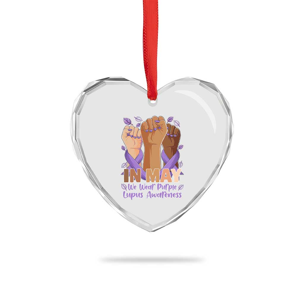 In May We Wear Purple Lupus Awareness Heart Crystal Glass Ornament Purple Ribbon