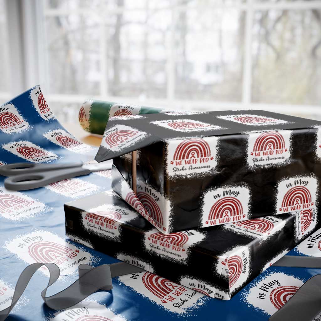 In May We Wear Red Stroke Awareness Wrapping Paper Roll Bleach Effect