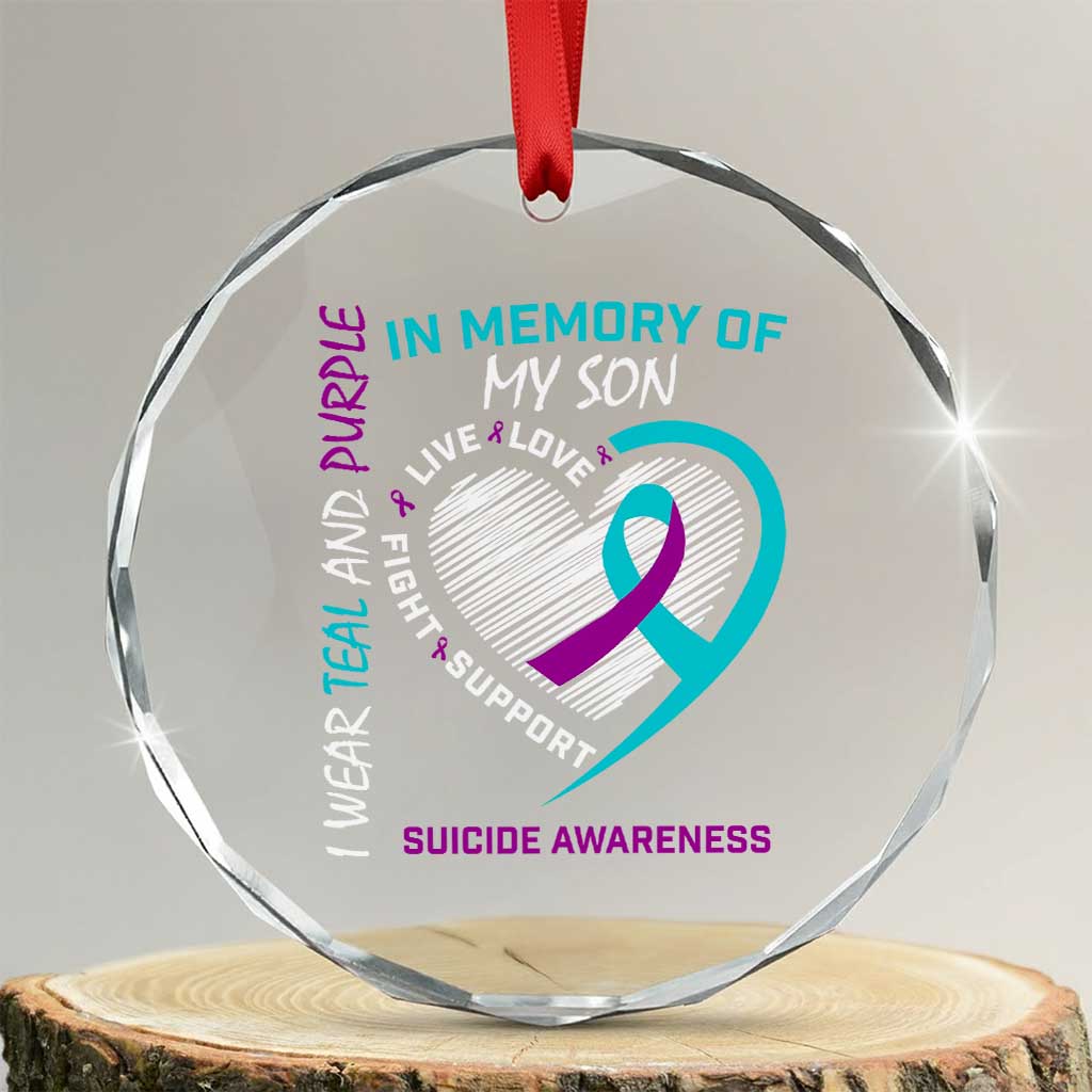 In Memory of My Son Suicide Awareness Crystal Glass Ornament Teal and Purple Ribbon Remembrance Gift