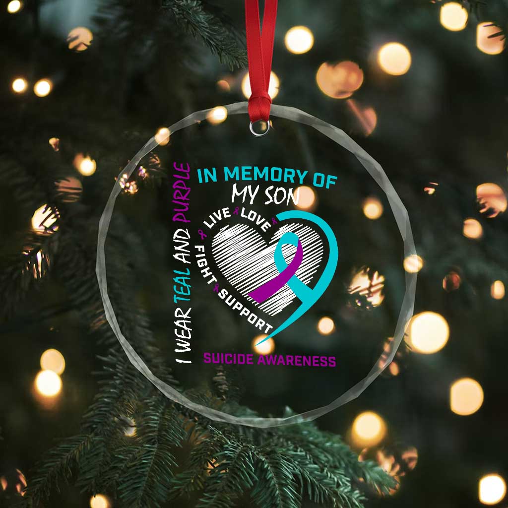 In Memory of My Son Suicide Awareness Crystal Glass Ornament Teal and Purple Ribbon Remembrance Gift