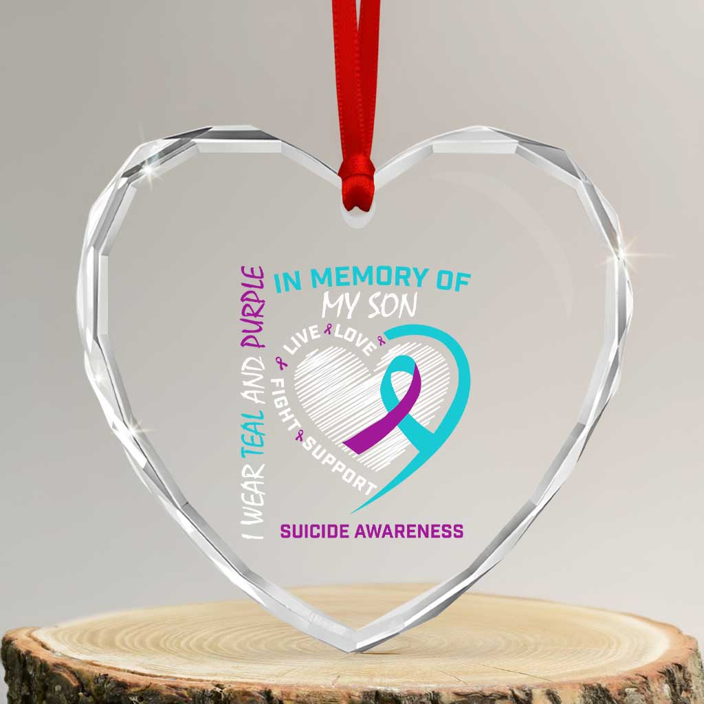 In Memory of My Son Suicide Awareness Heart Crystal Glass Ornament Teal and Purple Ribbon Remembrance Gift
