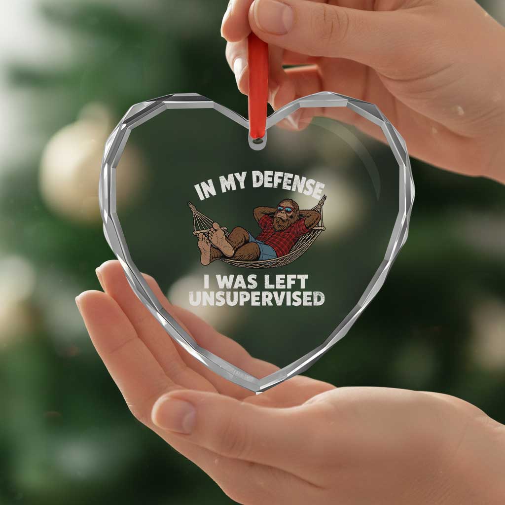 In My Defense I Was Left Unsupervised Funny Bigfoot Heart Crystal Glass Ornament