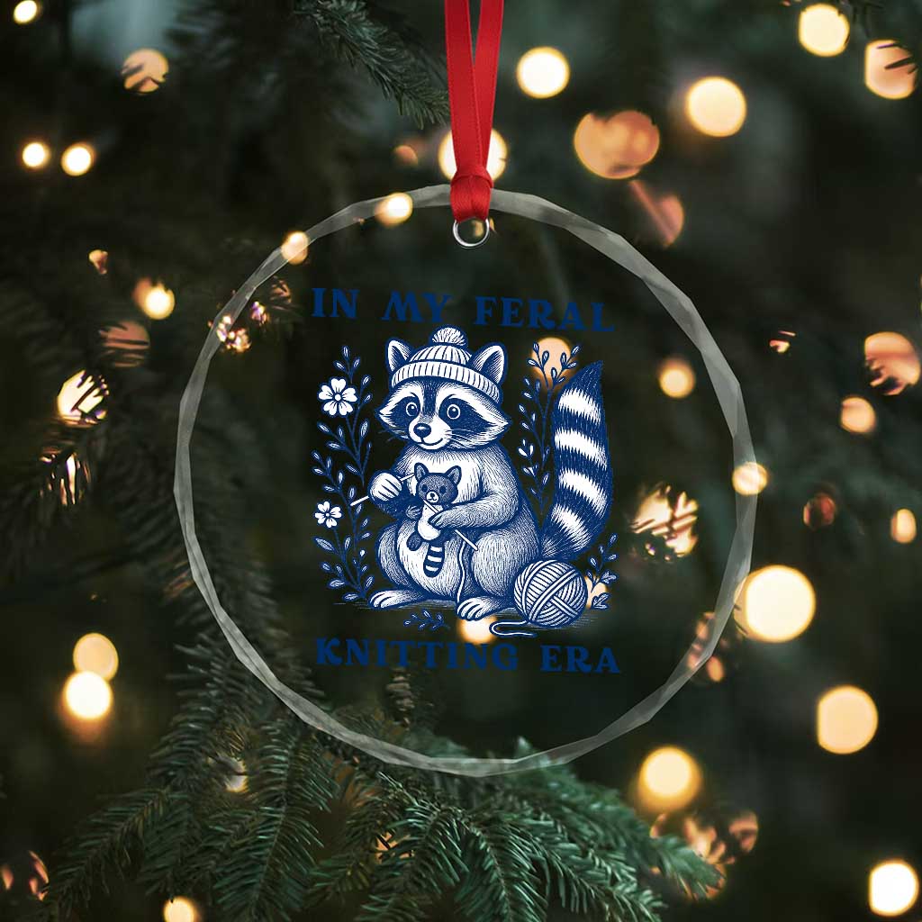 In My Feral Knitting Era Crystal Glass Ornament Raccoon Yarn Lover TS12