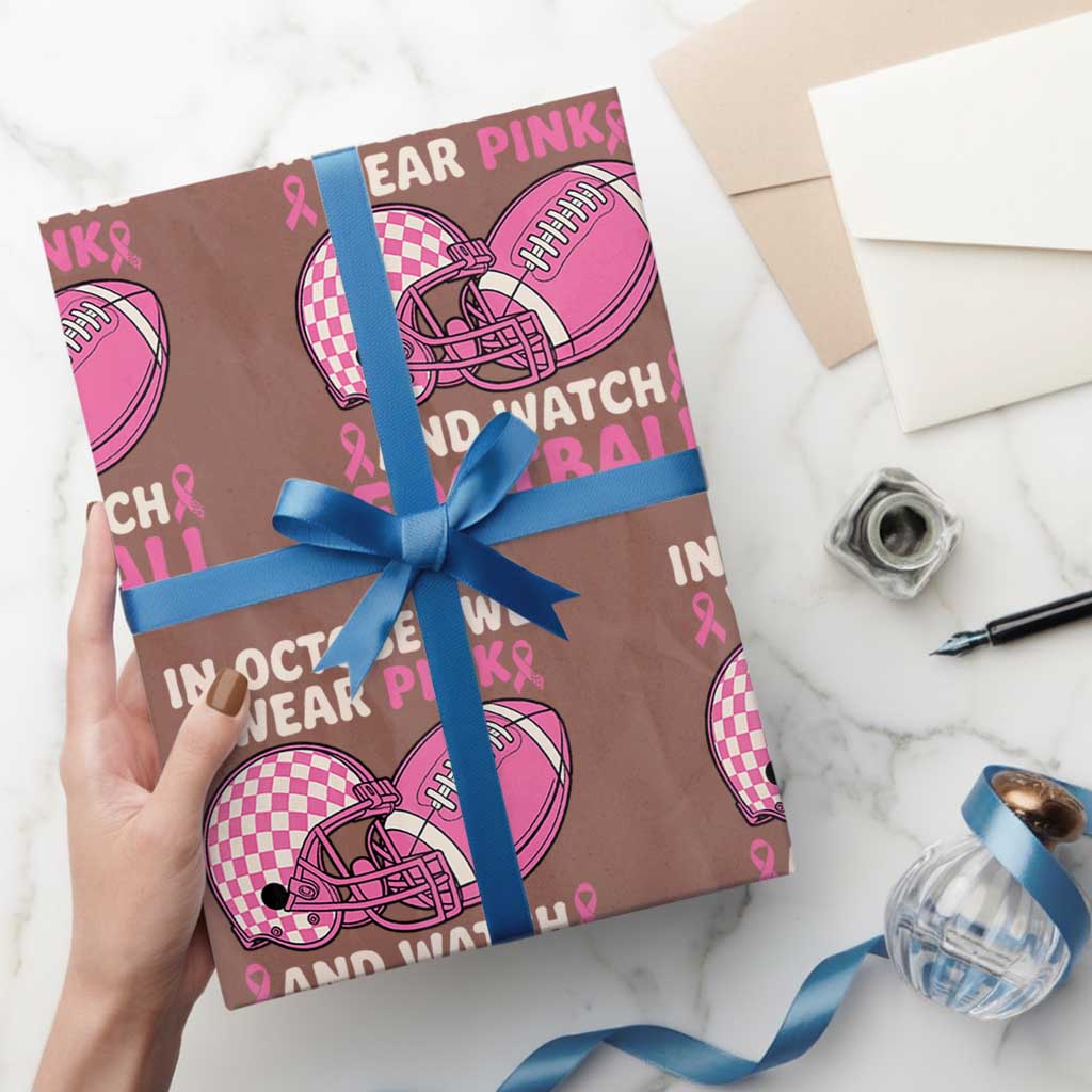 In October We Wear Pink Football Breast Cancer Awareness Wrapping Paper Roll Pink Ribbon Checkered Game Day - Wonder Print Shop