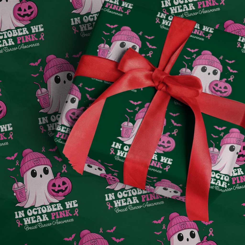 In October We Wear Pink Ghost Wrapping Paper Roll Halloween Breast Cancer Pink Ribbon Pumpkin - Wonder Print Shop