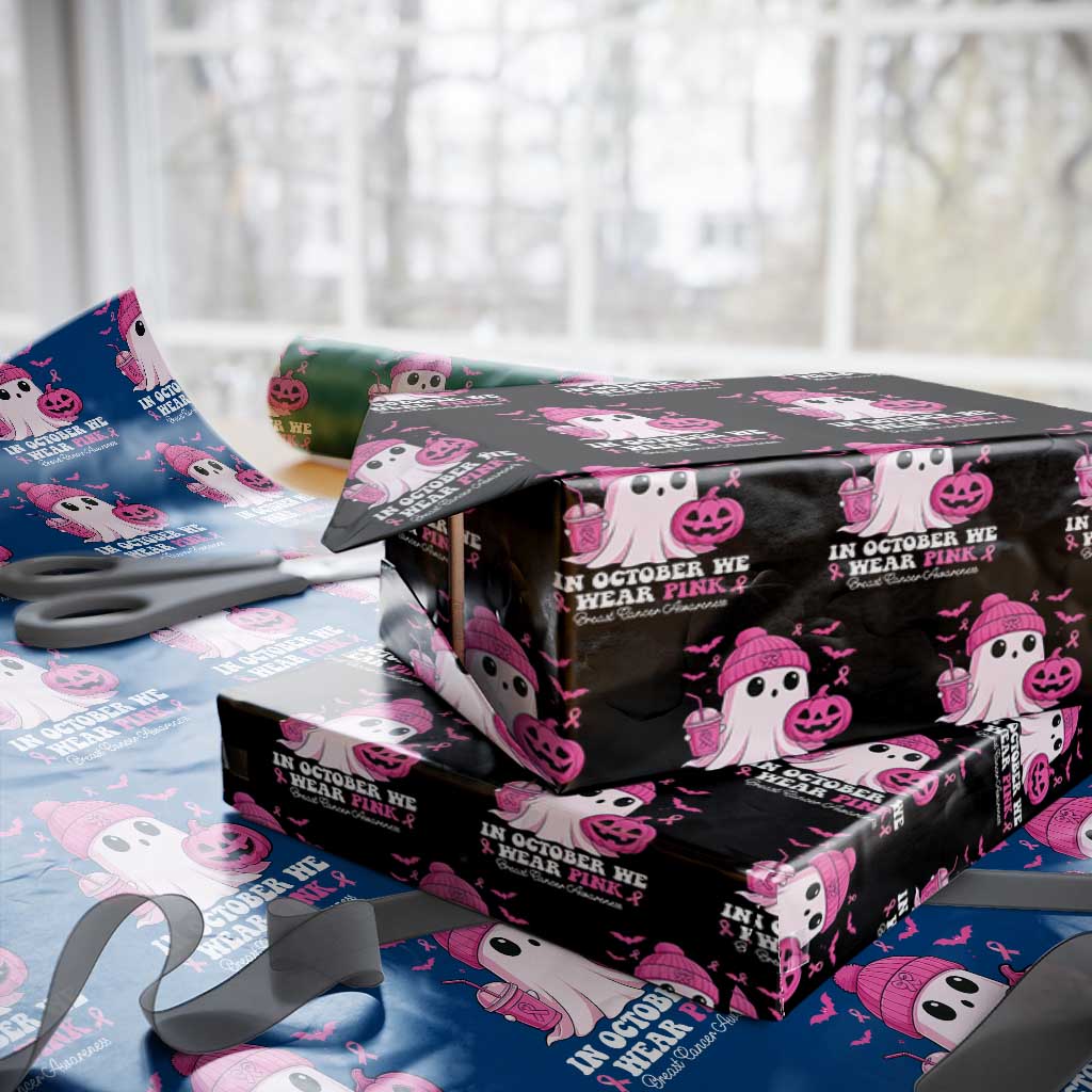 In October We Wear Pink Ghost Wrapping Paper Roll Halloween Breast Cancer Pink Ribbon Pumpkin - Wonder Print Shop