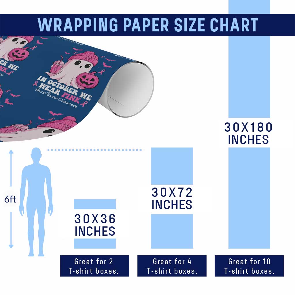 In October We Wear Pink Ghost Wrapping Paper Roll Halloween Breast Cancer Pink Ribbon Pumpkin - Wonder Print Shop