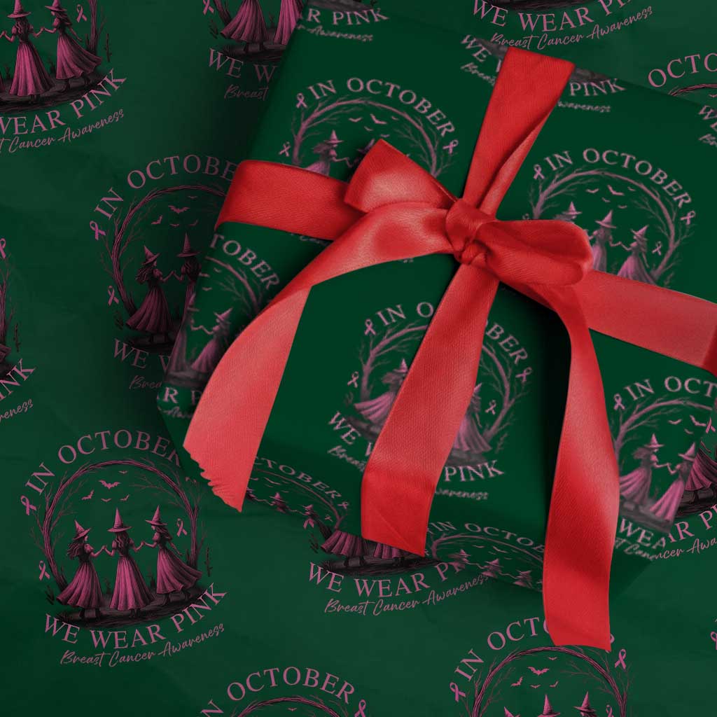 In October We Wear Pink Witches Wrapping Paper Roll Spooky Breast Cancer Witch Halloween Pink Ribbon - Wonder Print Shop