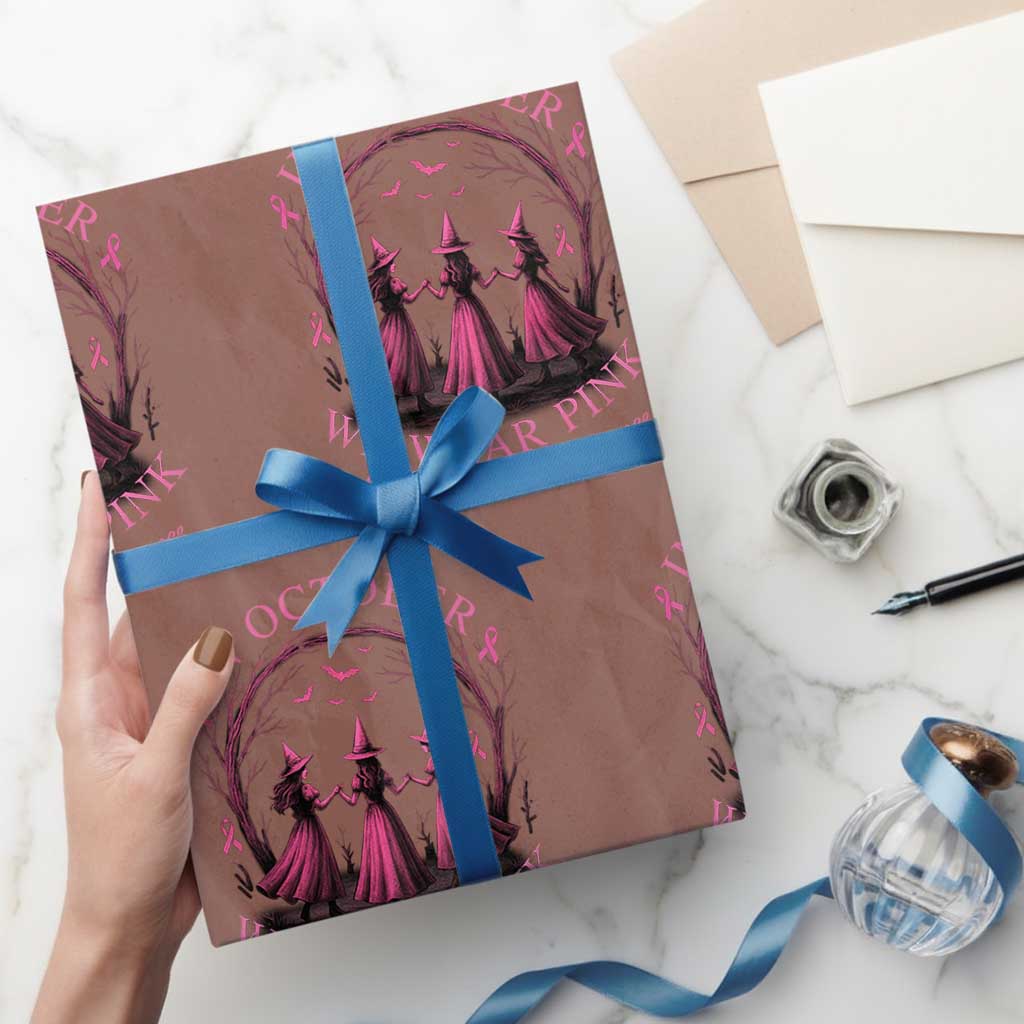 In October We Wear Pink Witches Wrapping Paper Roll Spooky Breast Cancer Witch Halloween Pink Ribbon - Wonder Print Shop