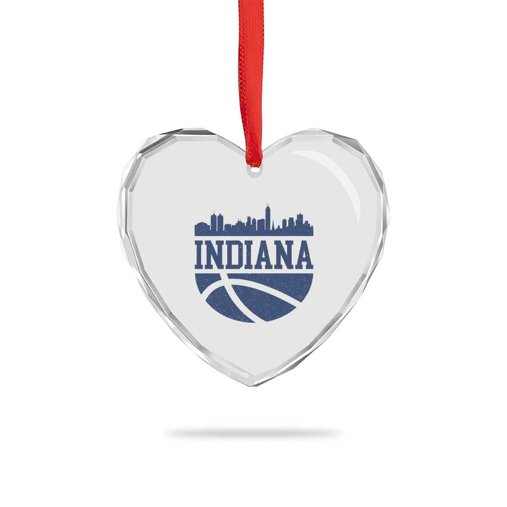 Indiana Skyline Basketball Heart Crystal Glass Ornament Distressed Urban Hoops Graphic for Indy Fans