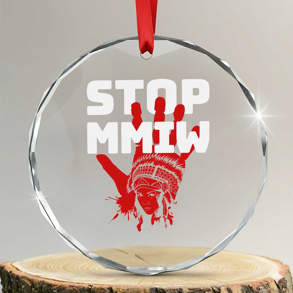 Indigenous Women Awareness Crystal Glass Ornament Stop MMIW Red Handprint Graphic