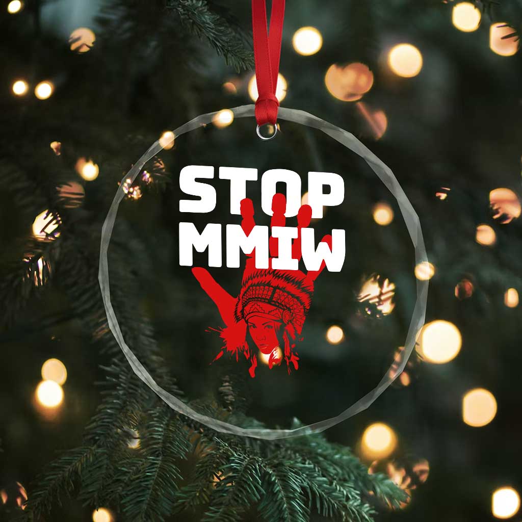 Indigenous Women Awareness Crystal Glass Ornament Stop MMIW Red Handprint Graphic