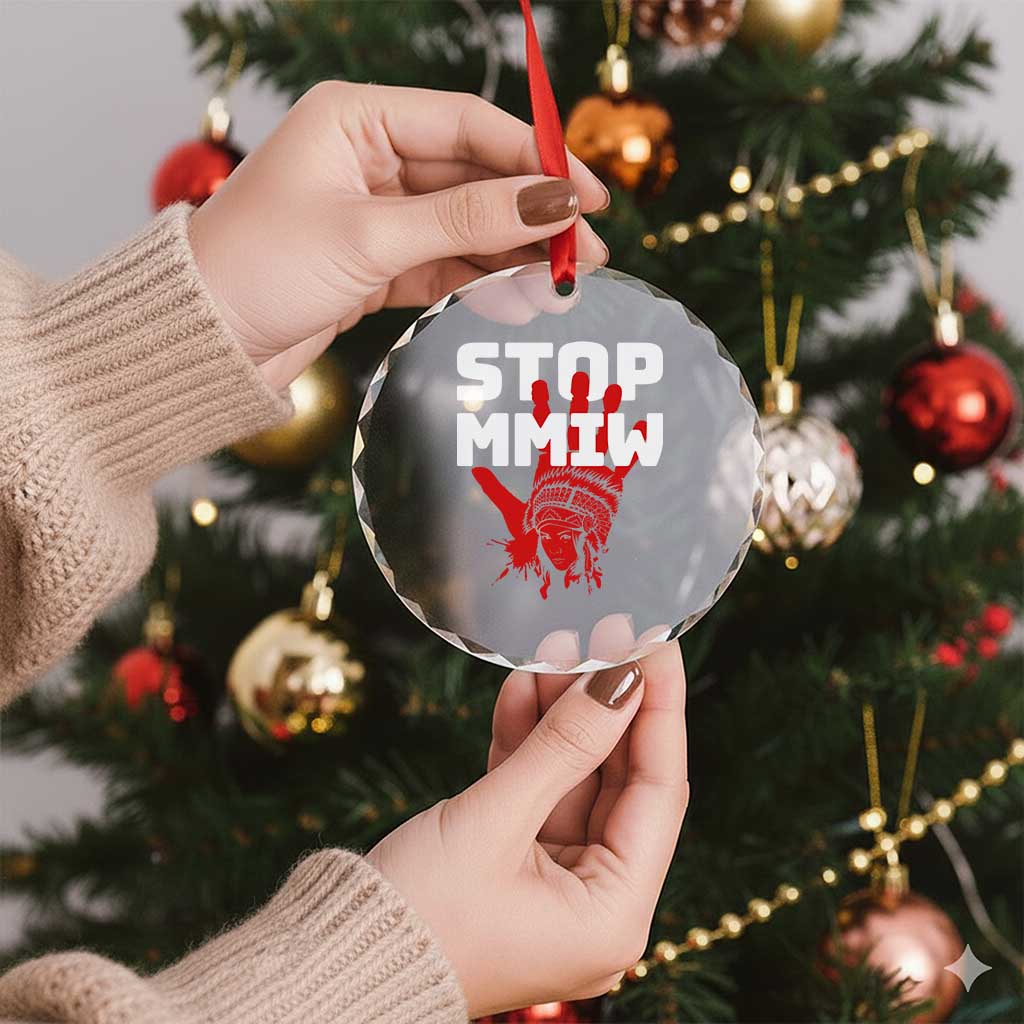 Indigenous Women Awareness Crystal Glass Ornament Stop MMIW Red Handprint Graphic