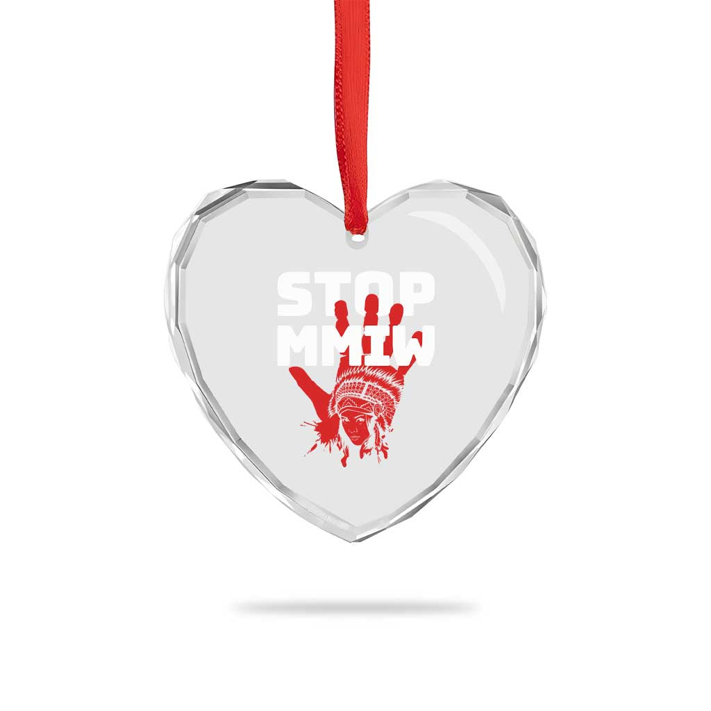 Indigenous Women Awareness Heart Crystal Glass Ornament Stop MMIW Red Handprint Graphic