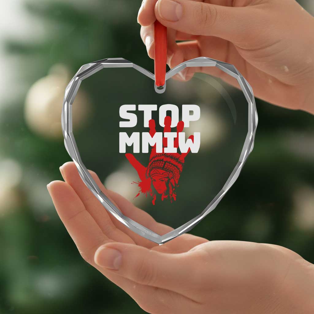 Indigenous Women Awareness Heart Crystal Glass Ornament Stop MMIW Red Handprint Graphic