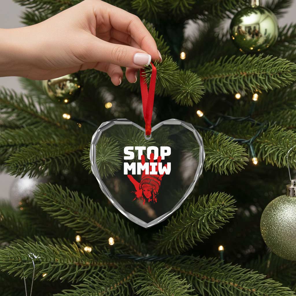 Indigenous Women Awareness Heart Crystal Glass Ornament Stop MMIW Red Handprint Graphic