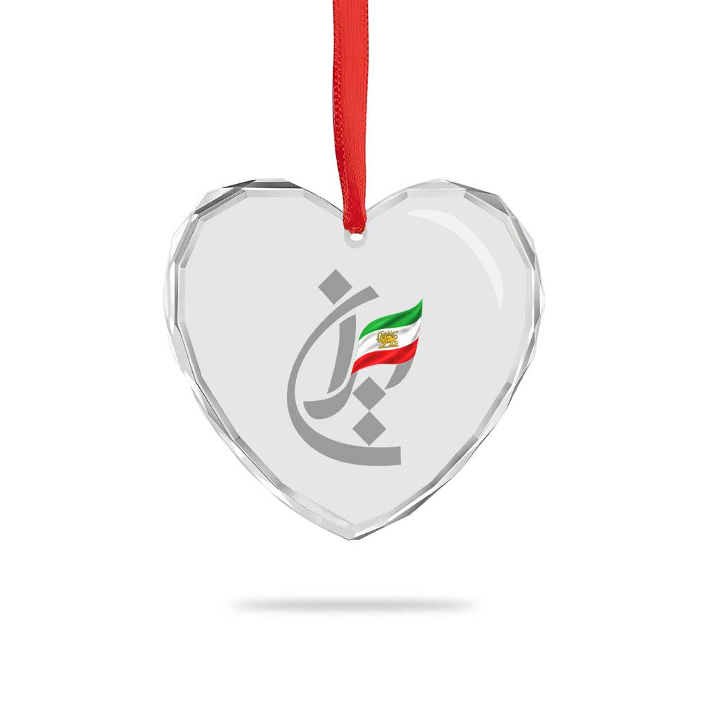 Iran Lion and Sun Flag Persian Calligraphy Heart Crystal Glass Ornament