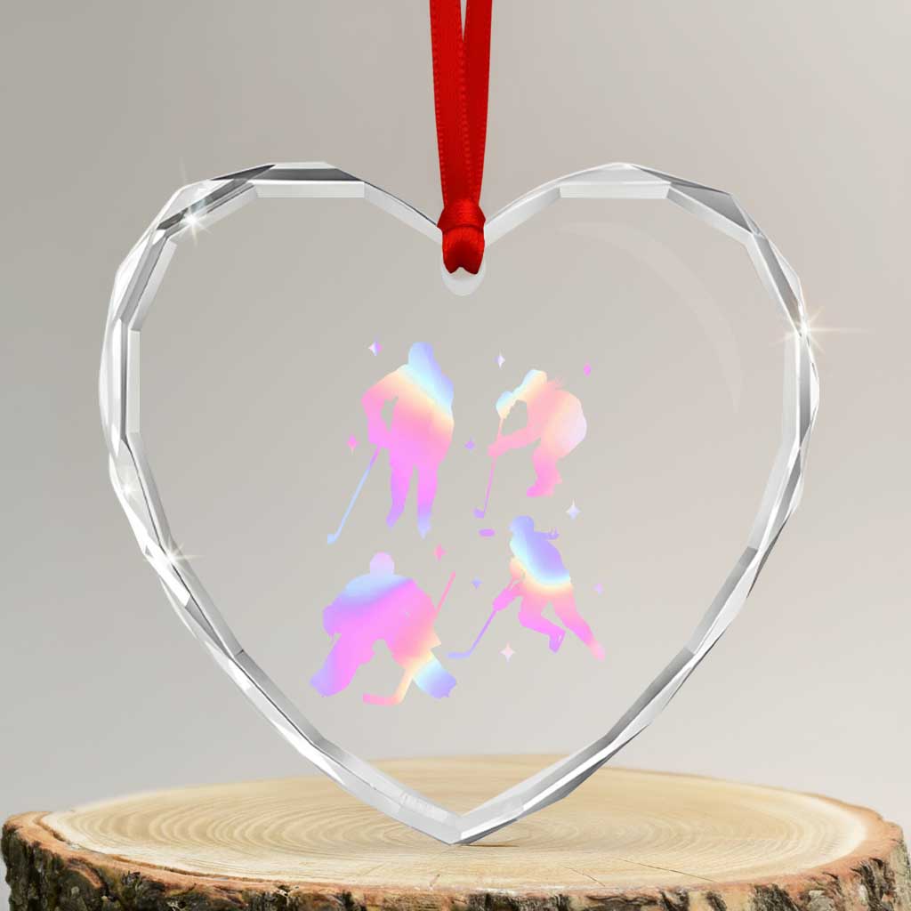 Iridescent Effect Hockey Players Retro Sport Lover Gift Heart Crystal Glass Ornament - Wonder Print Shop