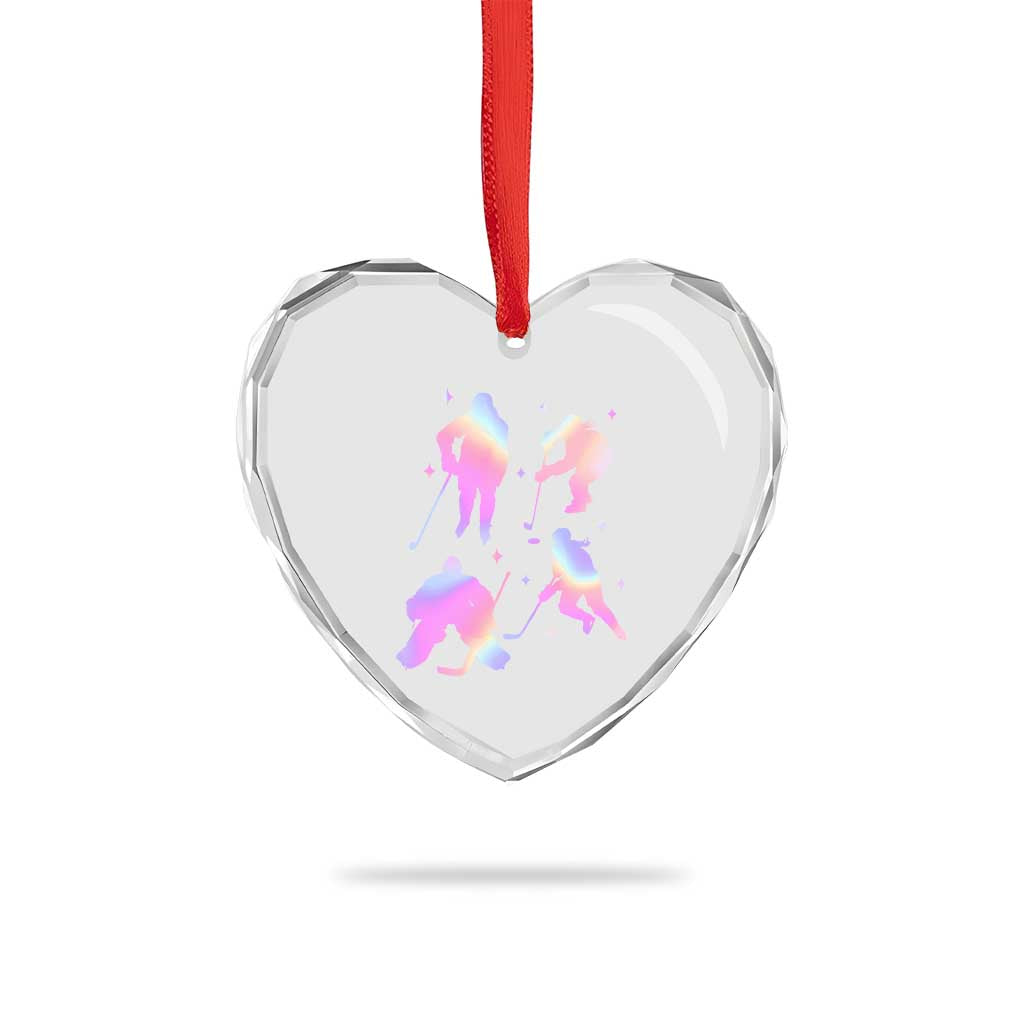Iridescent Effect Hockey Players Retro Sport Lover Gift Heart Crystal Glass Ornament - Wonder Print Shop