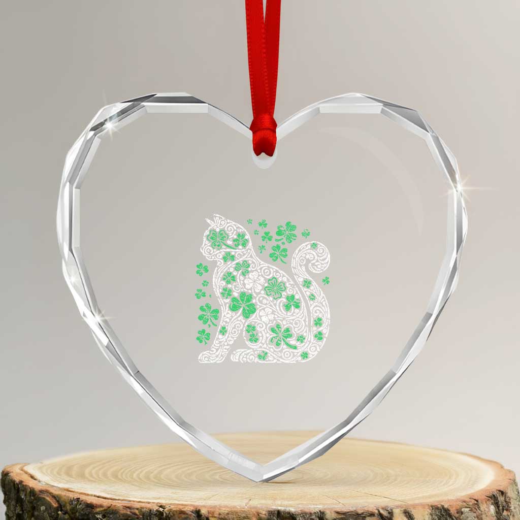 Irish Shamrock Cat Graphic Heart Crystal Glass Ornament Saint Patrick Day for Cat Lovers - Wonder Print Shop