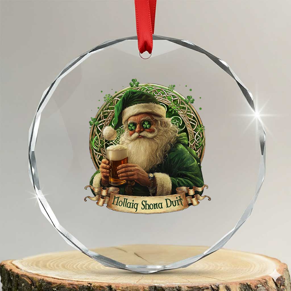 Irish Xmas Crystal Glass Ornament Nollaig Shona Duit Shamrock Santa Drinking Beer TS09