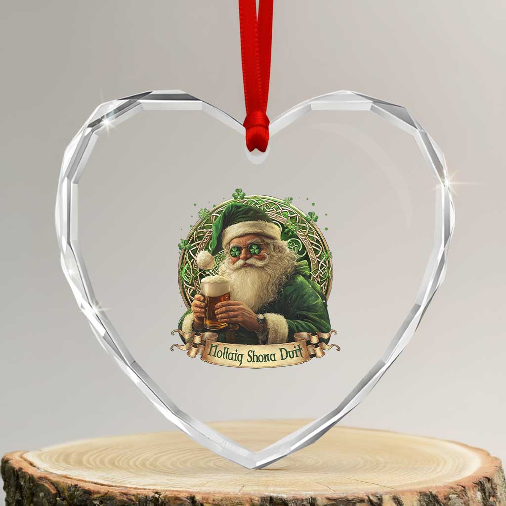Irish Xmas Heart Crystal Glass Ornament Nollaig Shona Duit Shamrock Santa Drinking Beer - Wonder Print Shop
