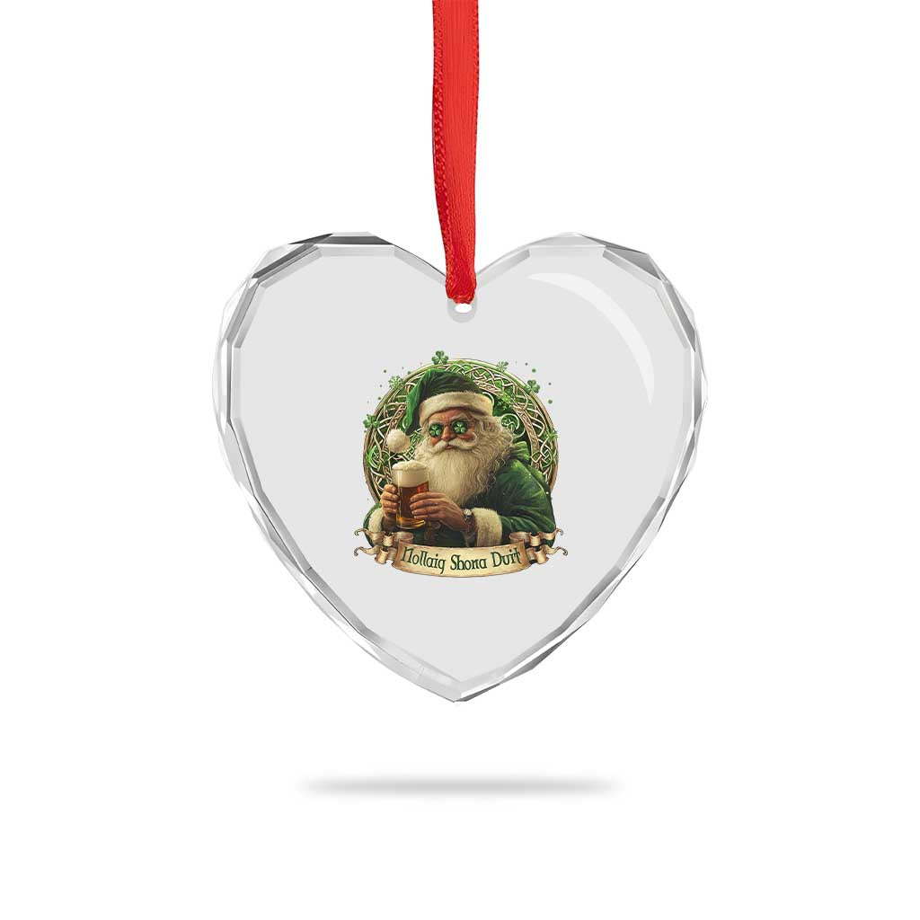 Irish Xmas Heart Crystal Glass Ornament Nollaig Shona Duit Shamrock Santa Drinking Beer - Wonder Print Shop