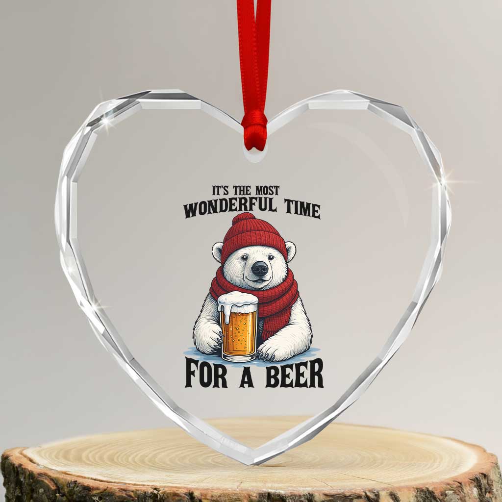 It is The Most Wonderful Time For A Beer Heart Crystal Glass Ornament Funny Polar Bear Drinking Beer - Wonder Print Shop