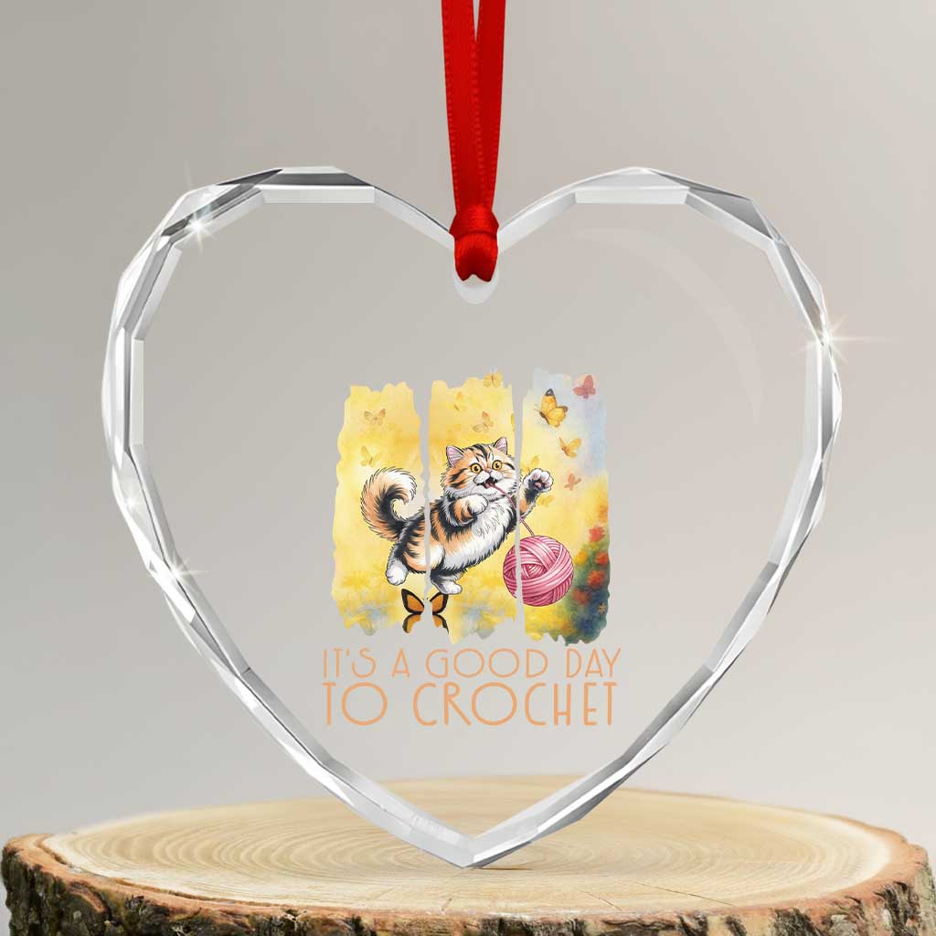 It’s A Good Day To Crochet Heart Crystal Glass Ornament Cute Cat Chasing Yarn - Wonder Print Shop
