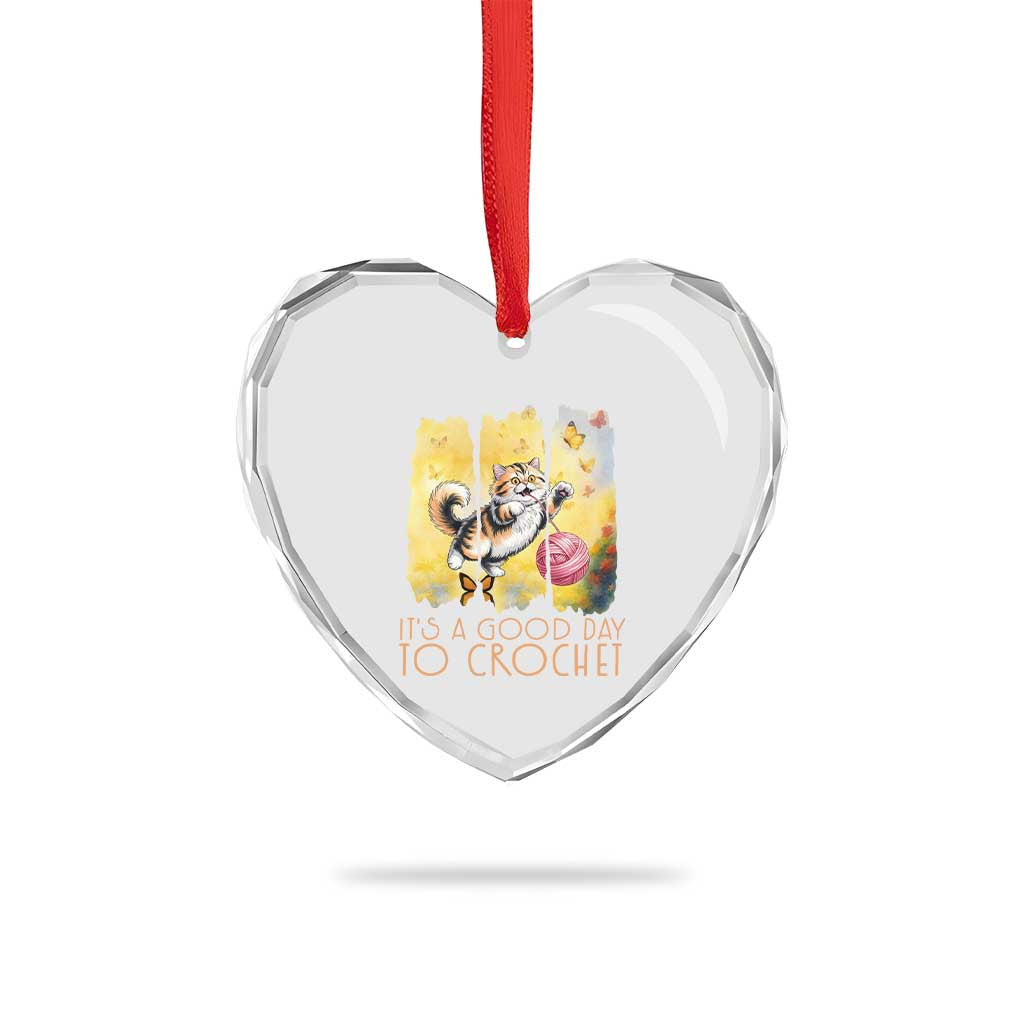 It’s A Good Day To Crochet Heart Crystal Glass Ornament Cute Cat Chasing Yarn - Wonder Print Shop