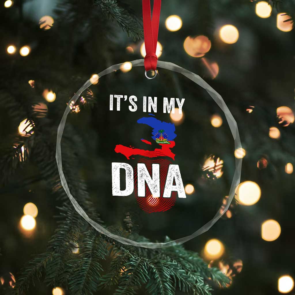 It's In My DNA Haitian Map and Fingerprint Flag Graphic Crystal Glass Ornament Haiti Heritage Pride