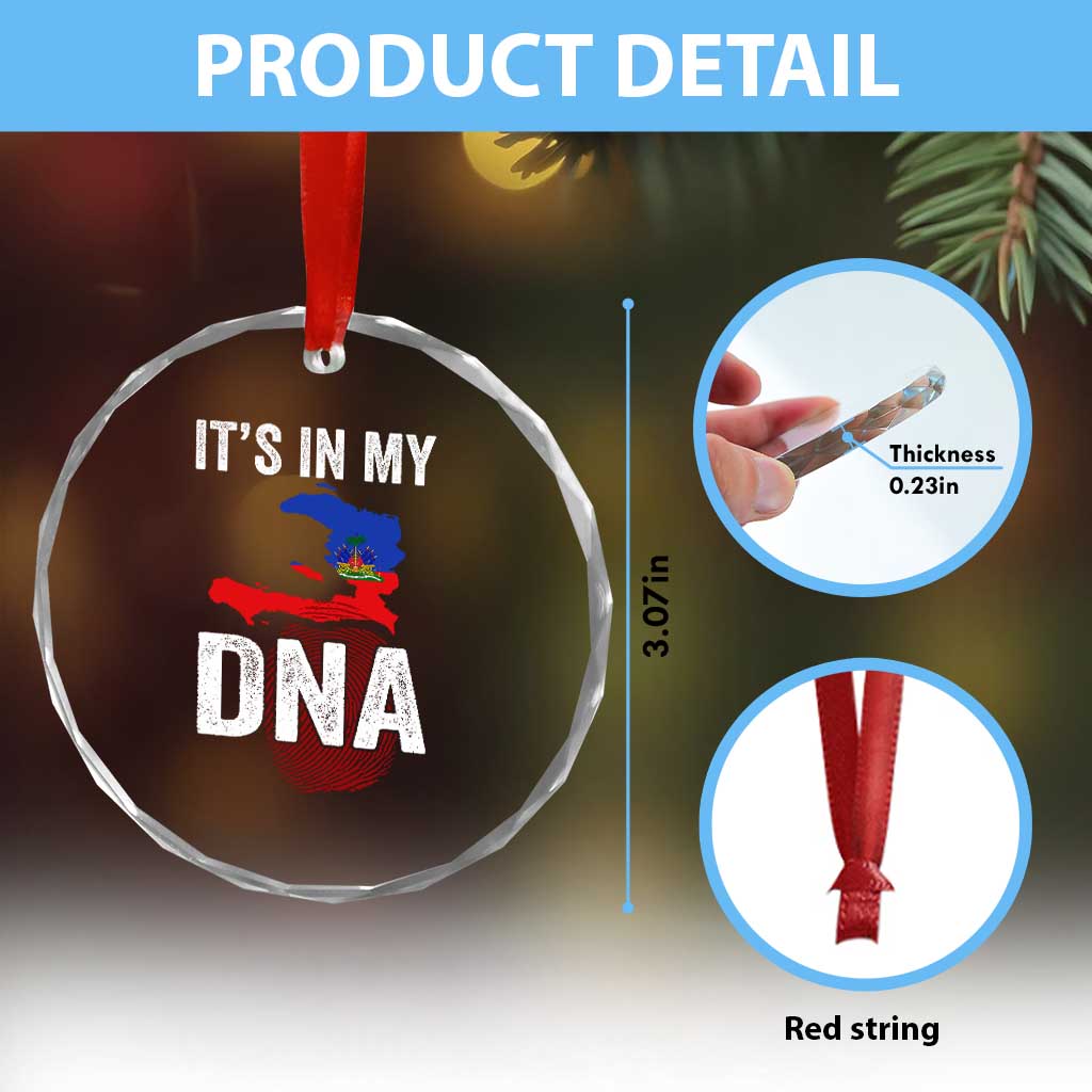 It's In My DNA Haitian Map and Fingerprint Flag Graphic Crystal Glass Ornament Haiti Heritage Pride