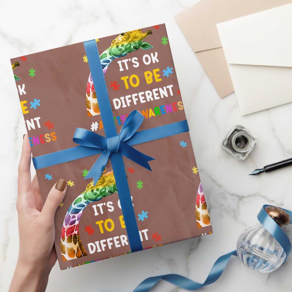 It's Ok To Be Different Autism Awareness Wrapping Paper Roll Rainbow Giraffe Puzzle
