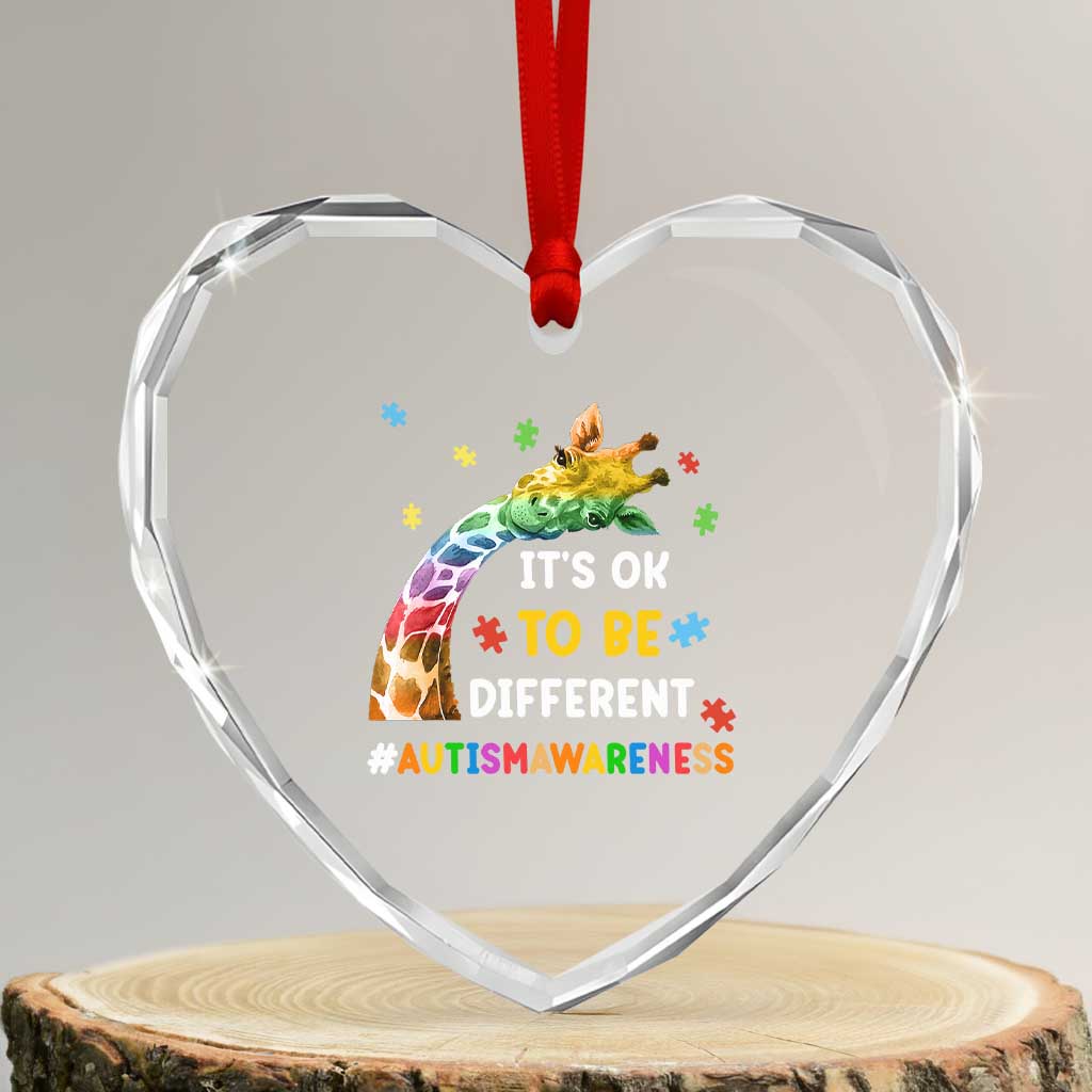 It's Ok To Be Different Autism Awareness Heart Crystal Glass Ornament Rainbow Giraffe Puzzle