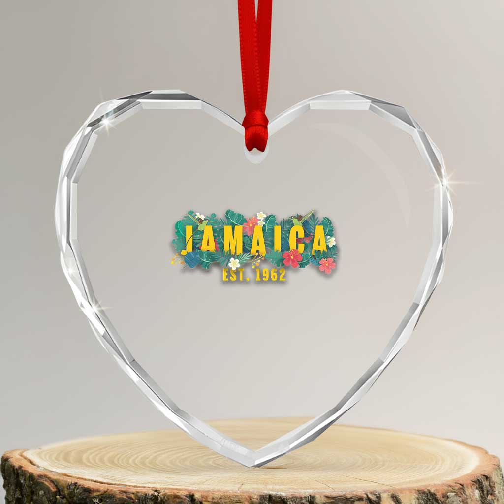 Jamaica Est 1962 Tropical Independence Heart Crystal Glass Ornament Doctor Bird and Hibiscus Botanical Travel Souvenir