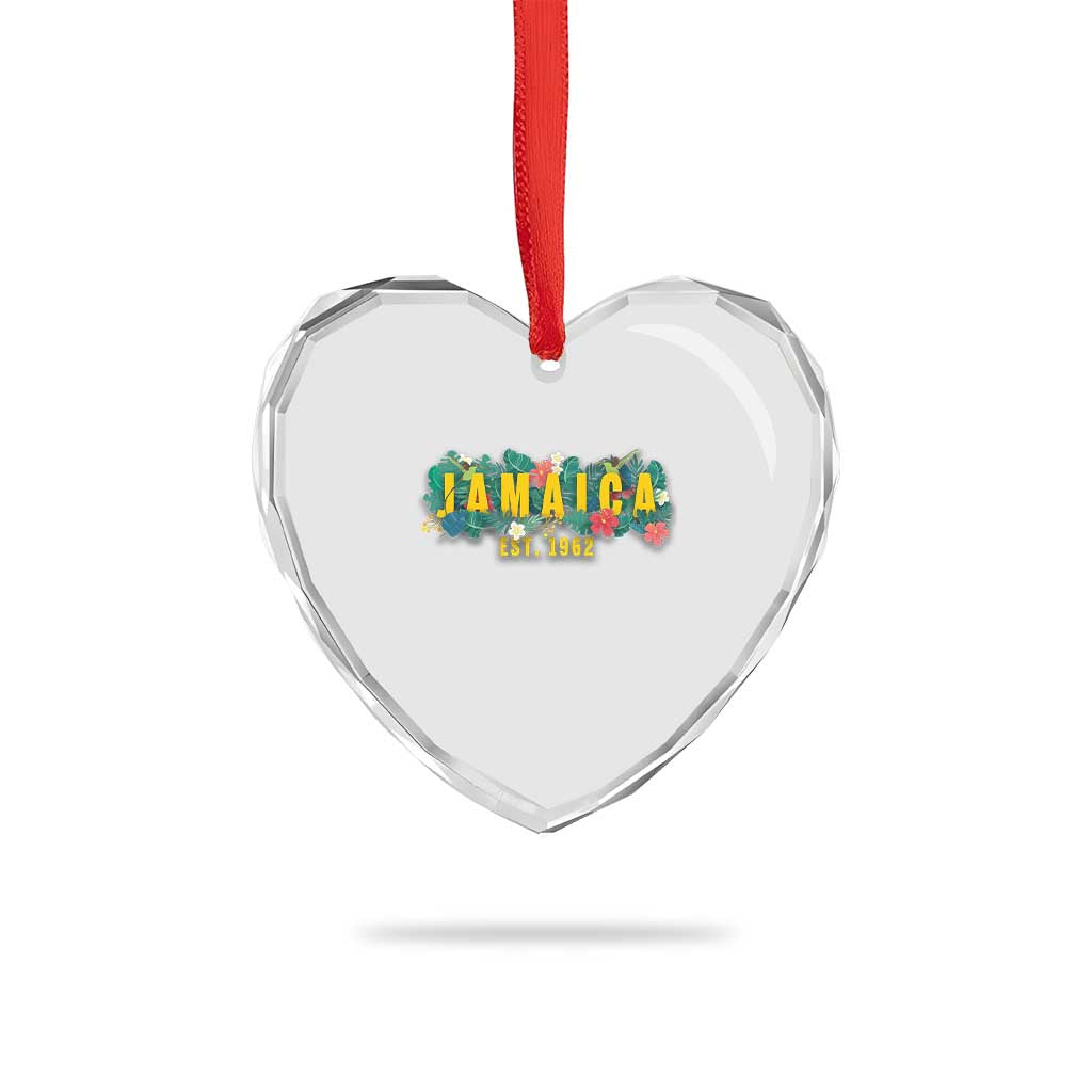 Jamaica Est 1962 Tropical Independence Heart Crystal Glass Ornament Doctor Bird and Hibiscus Botanical Travel Souvenir
