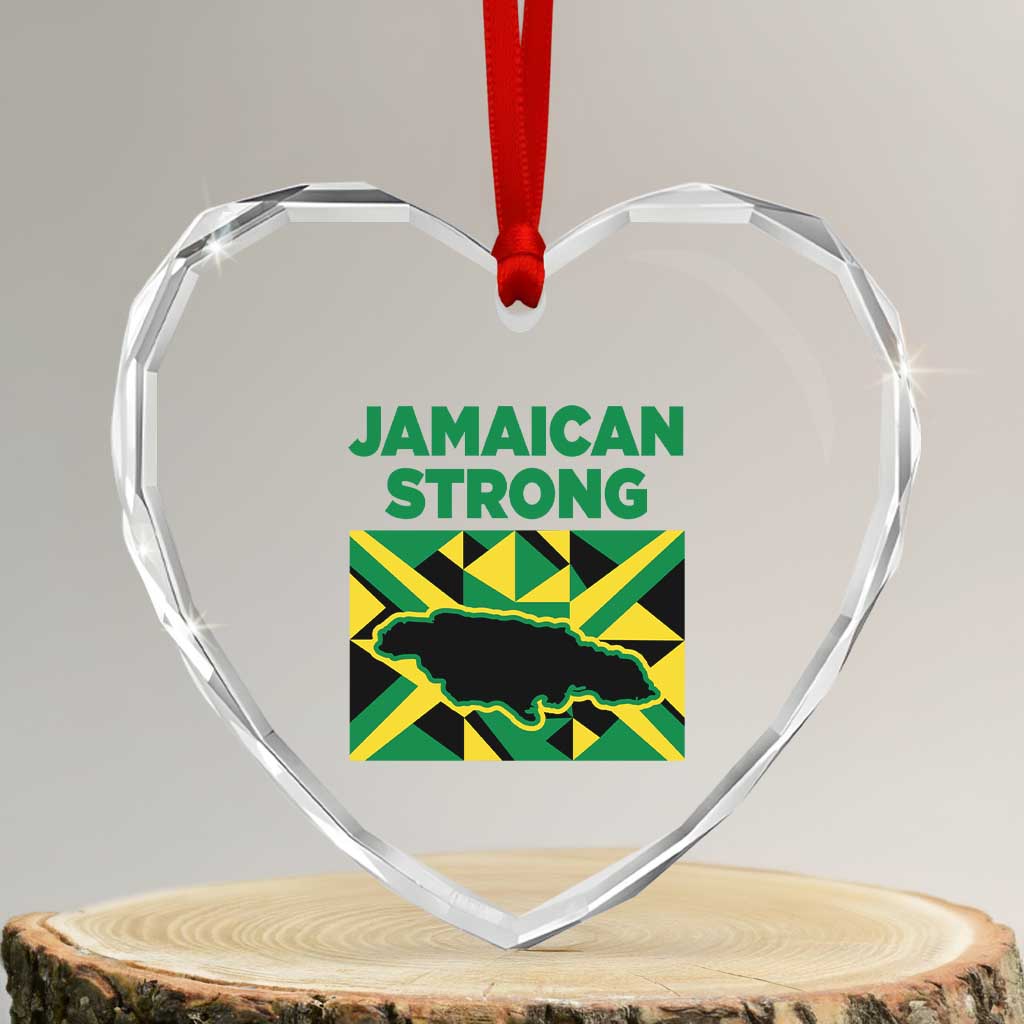 Jamaican Strong Resilience Geometric Flag Heart Crystal Glass Ornament Abstract Island Map and Heritage