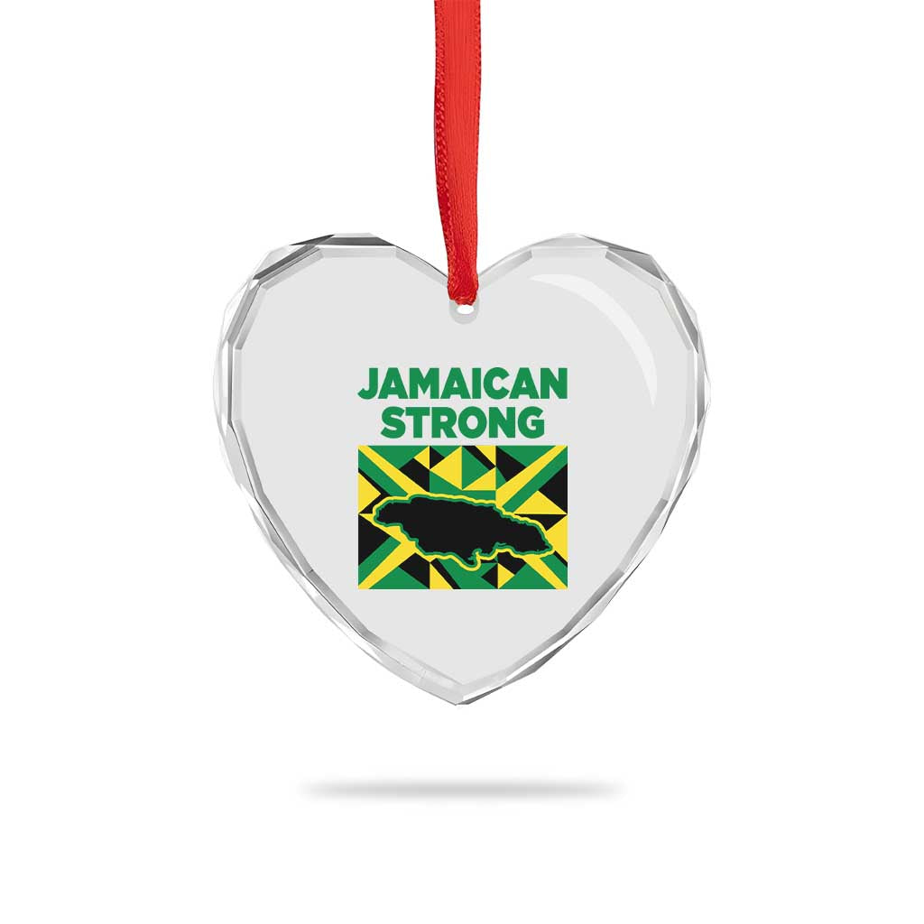Jamaican Strong Resilience Geometric Flag Heart Crystal Glass Ornament Abstract Island Map and Heritage