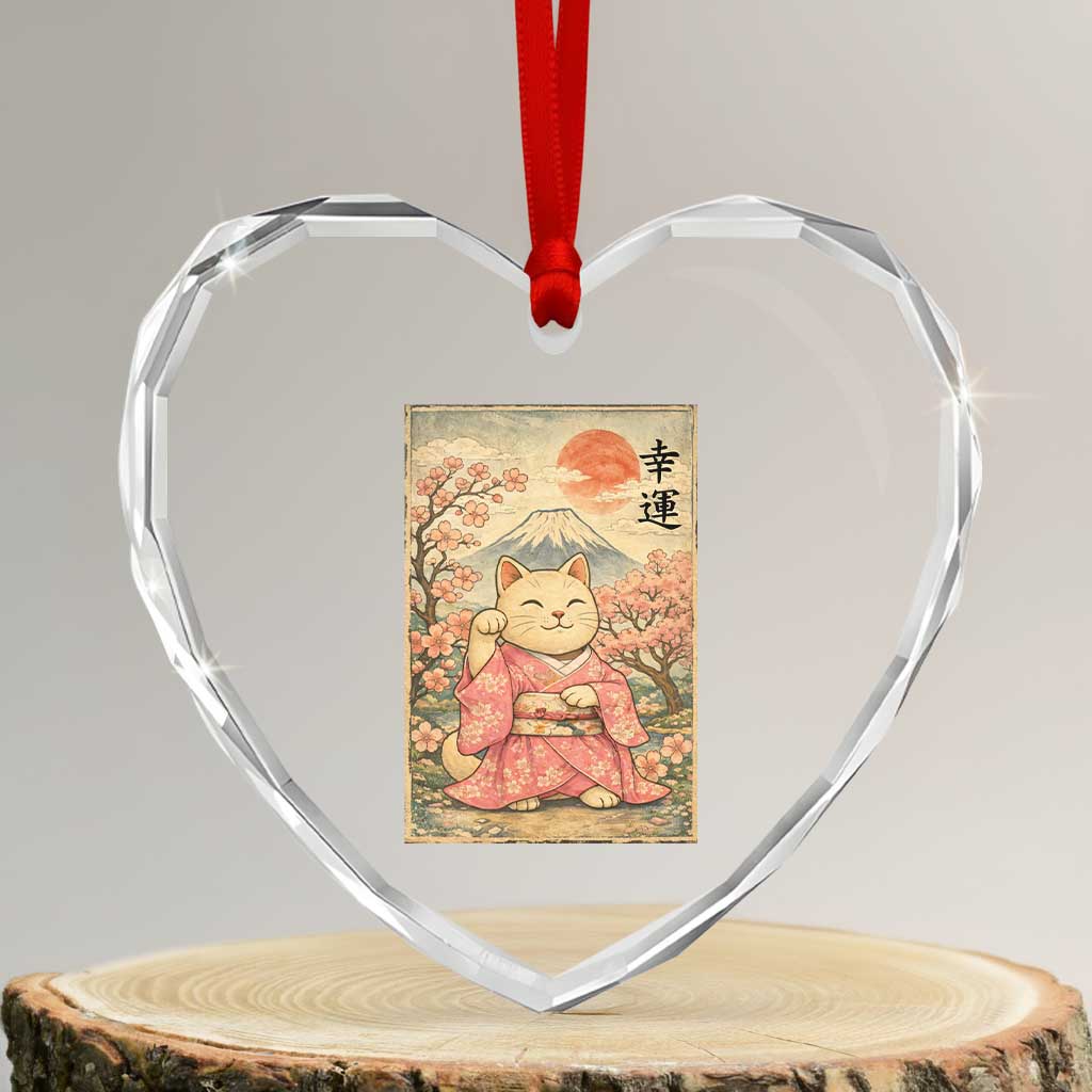 Japanese Anime Maneki Neko Heart Crystal Glass Ornament Kawaii Waving Cat Good Luck Kanji - Wonder Print Shop