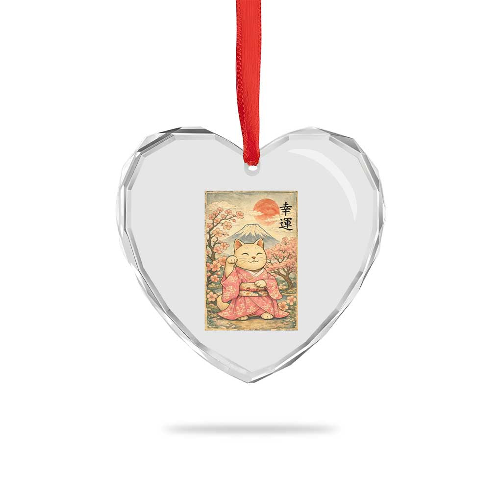 Japanese Anime Maneki Neko Heart Crystal Glass Ornament Kawaii Waving Cat Good Luck Kanji - Wonder Print Shop