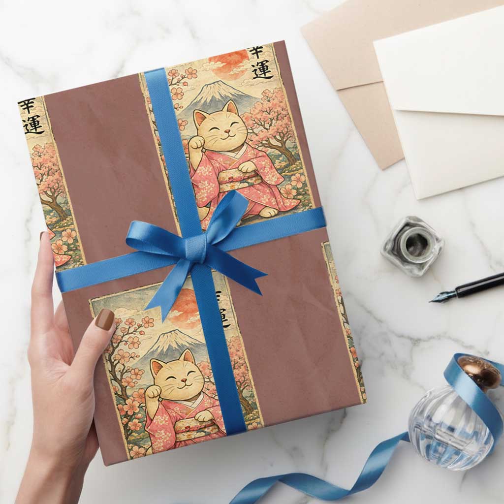 Japanese Anime Maneki Neko Wrapping Paper Roll Kawaii Waving Cat Good Luck Kanji - Wonder Print Shop
