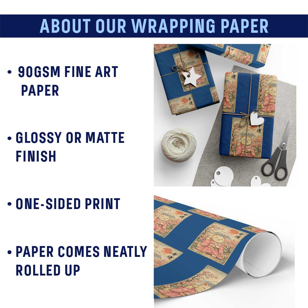 Japanese Anime Maneki Neko Wrapping Paper Roll Kawaii Waving Cat Good Luck Kanji - Wonder Print Shop