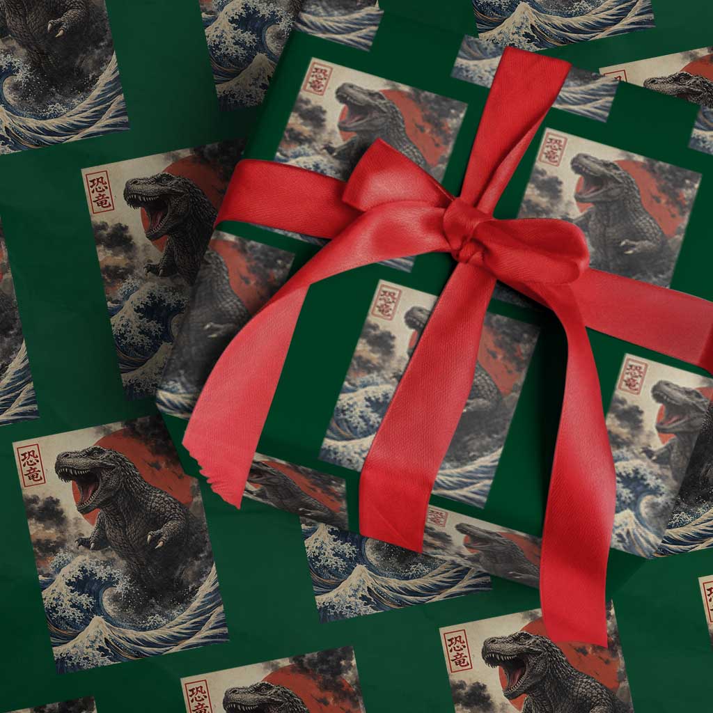 Japanese Dinosaur Wrapping Paper Roll Vintage Great Wave Monster Epic Giant Monster Ukiyo-e Style