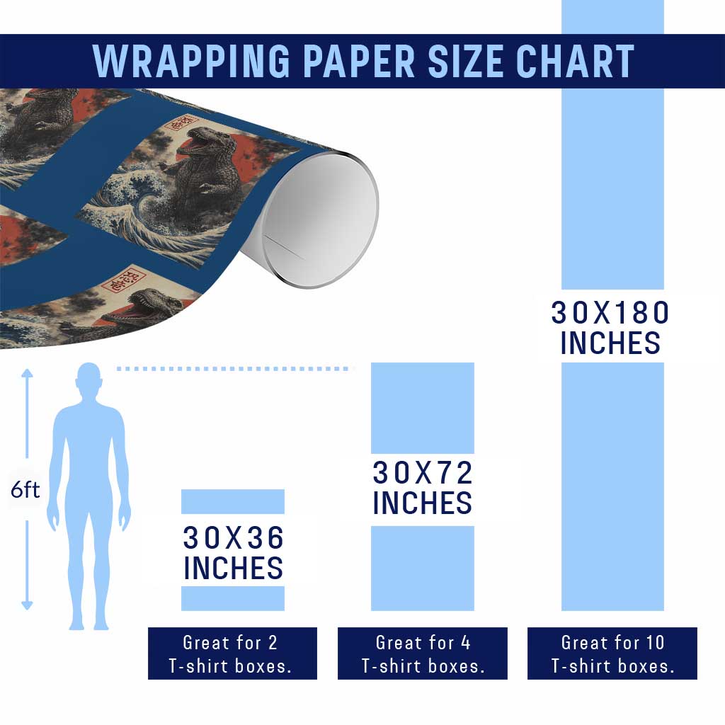 Japanese Dinosaur Wrapping Paper Roll Vintage Great Wave Monster Epic Giant Monster Ukiyo-e Style