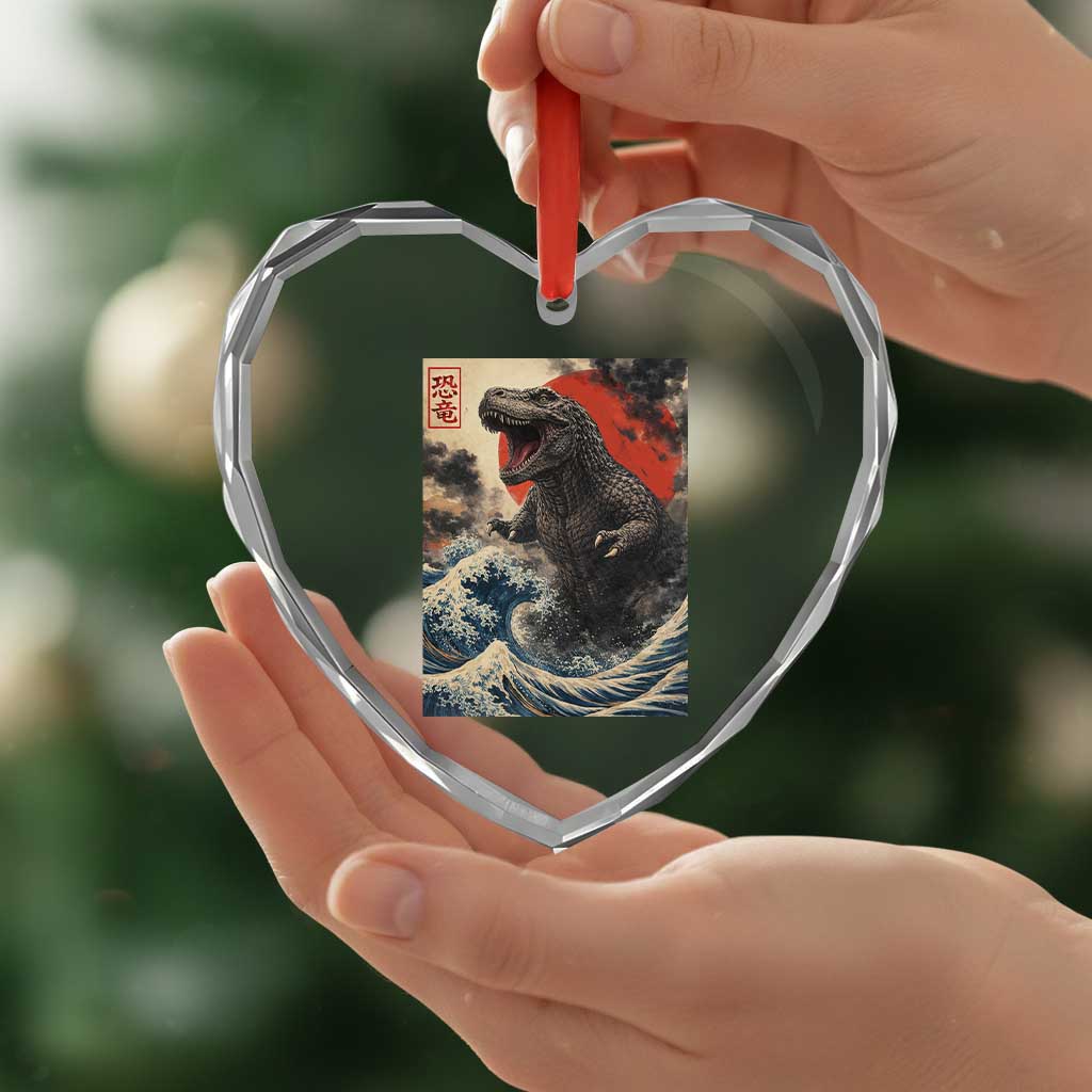 Japanese Dinosaur Heart Crystal Glass Ornament Vintage Great Wave Monster Epic Giant Monster Ukiyo-e Style