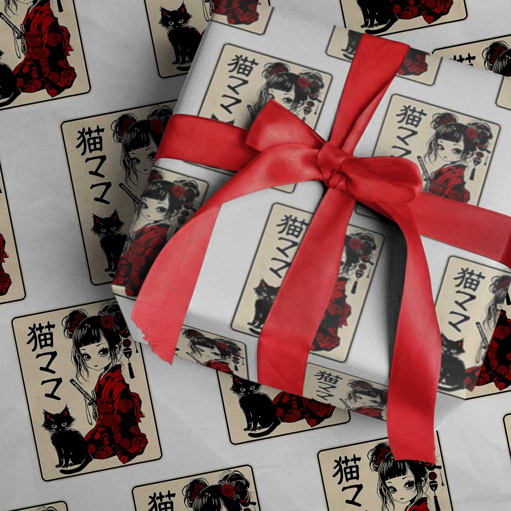 Japanese Gothic Kawaii Anime Samurai Cat Wrapping Paper Roll Japan Female Bushido Graphic With Kanji Retro Vintage